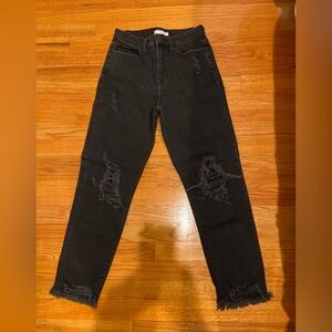 SO High Rise Mom Jeans Black Distressed Raw Hem Sz 5 / 27W